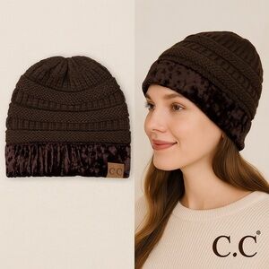 C.C Girlie Girl Originals Brown Knit Beanie Velvet Cuff Hat EUC Size OS